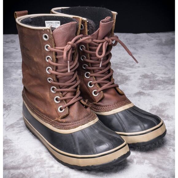 Sorel Premium Brown Leather Duck Boots Snow Winter Womens Size 9 NL1718-206 - Picture 1 of 16